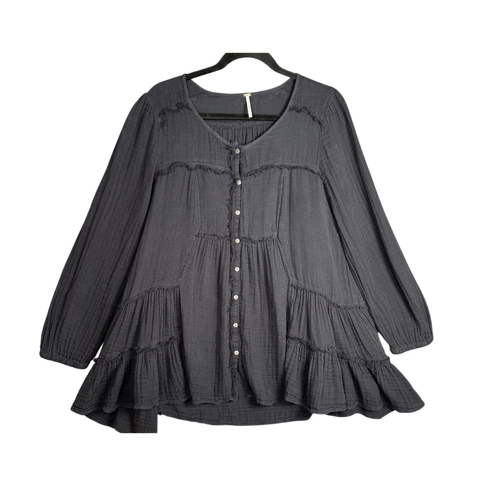 Free People Black Gray Gauze Tiered Boho Peasant Tunic Top Small Fairy Grunge - Picture 2 of 7